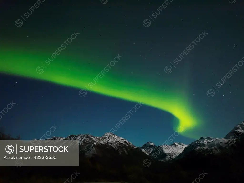 Green aurora over the Talkeetna Mountains, October 1, 2012, Alaska.