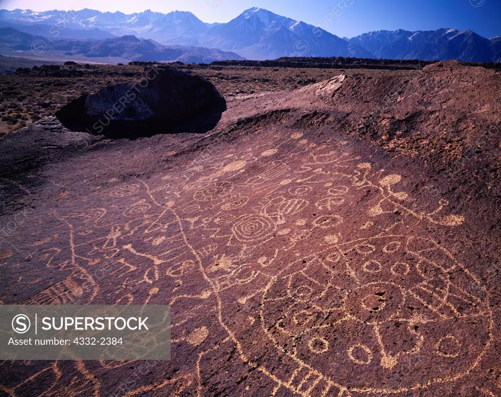 Great Basin Style curvilinear petroglyphs atop a huge boulder east of the Sierra, Great Basin Desert, California.