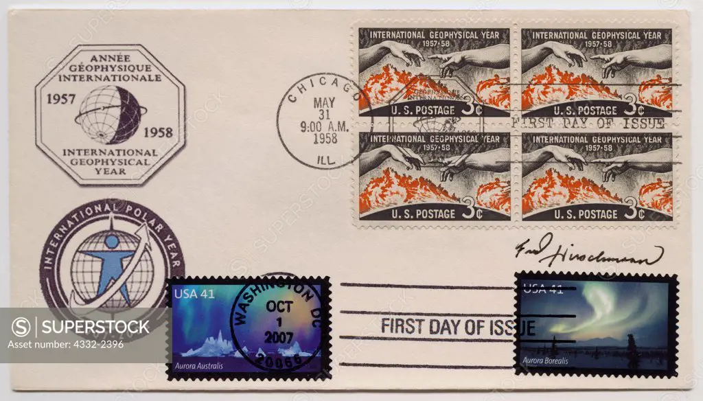 First Day Cover from 1958 with International Geophysical Year three cent stamps and  with 2007 United States First Class mail Polar Lights stamps Scott 4203 with photograph by Fred Hirschmann and Scott 4204.