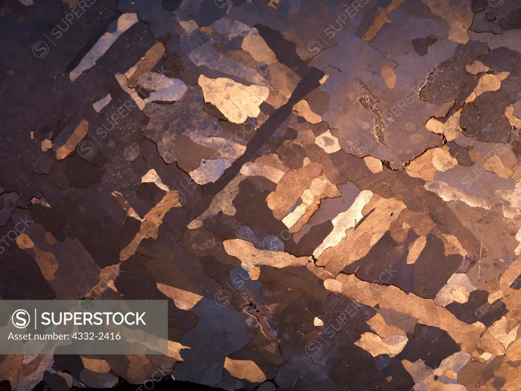 Campo del Cielo iron meteorite slice etched and polished to show Widmanstatten structure of large austenite crystals.  Meteorite fell 4,000 to 5,800 years ago in Gran Chaco Gualamba, Argentina.