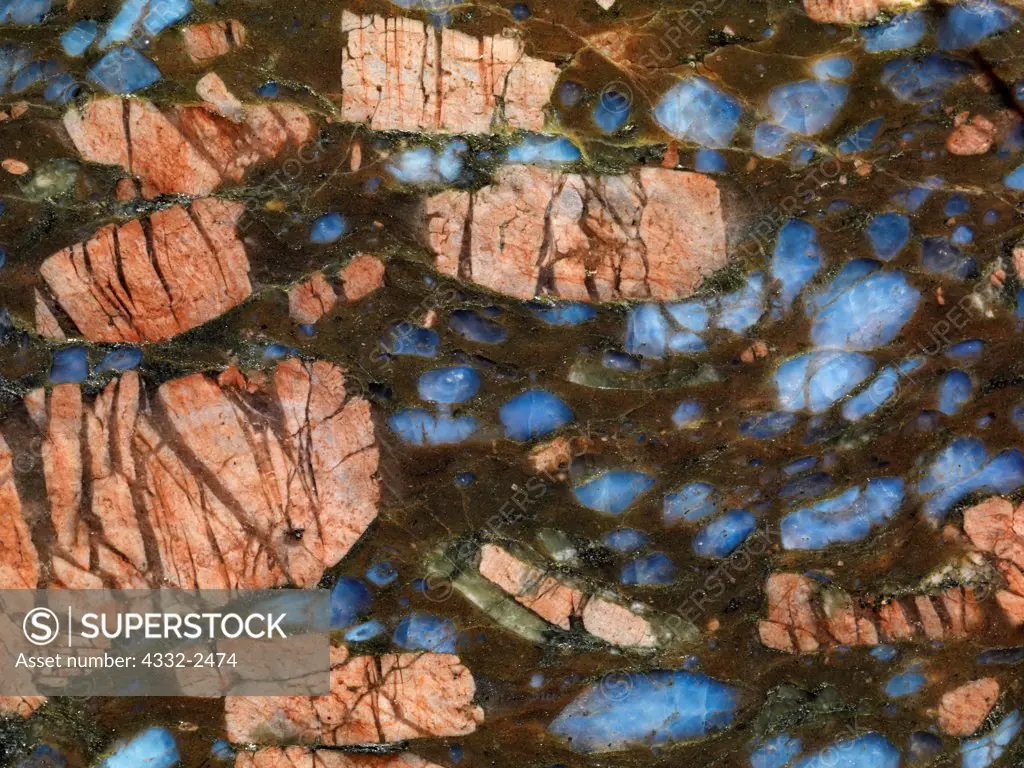 Blue opal in feldspar slab from Brazil.