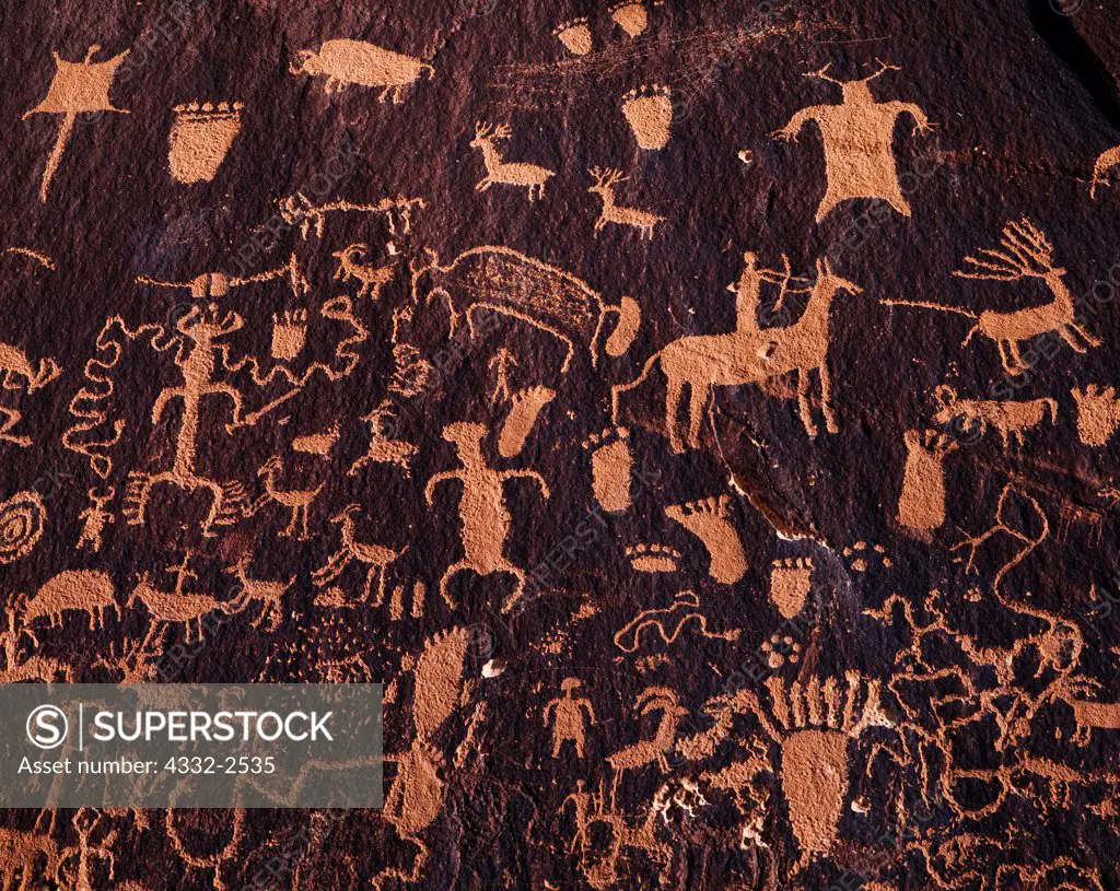 Historic Late Ute Indian Style petroglyphs including bow-legged figure with chaps and quirt, horses with riders and various animals, Indian Creek, Newspaper Rock State Park, Utah.