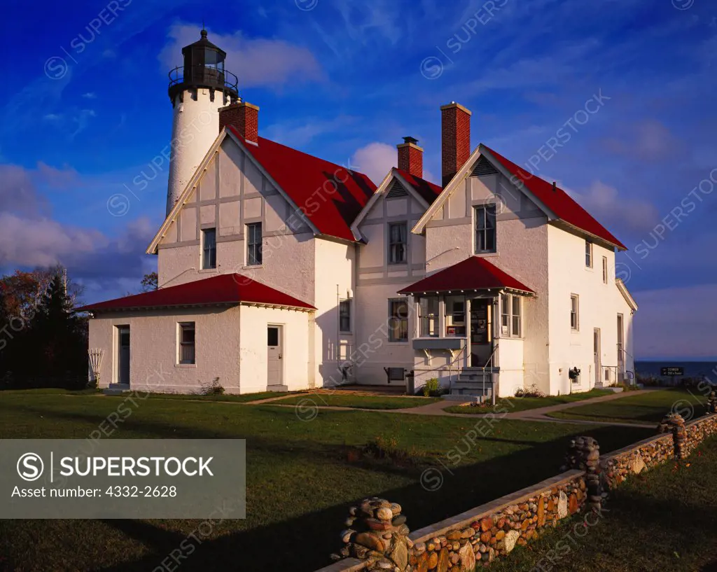 Point Iroquoise Lighthouse built in 1870 at the east end of Whitefish Bay and Lake Superior, Upper Peninsula, Bay Mills, Michigan.