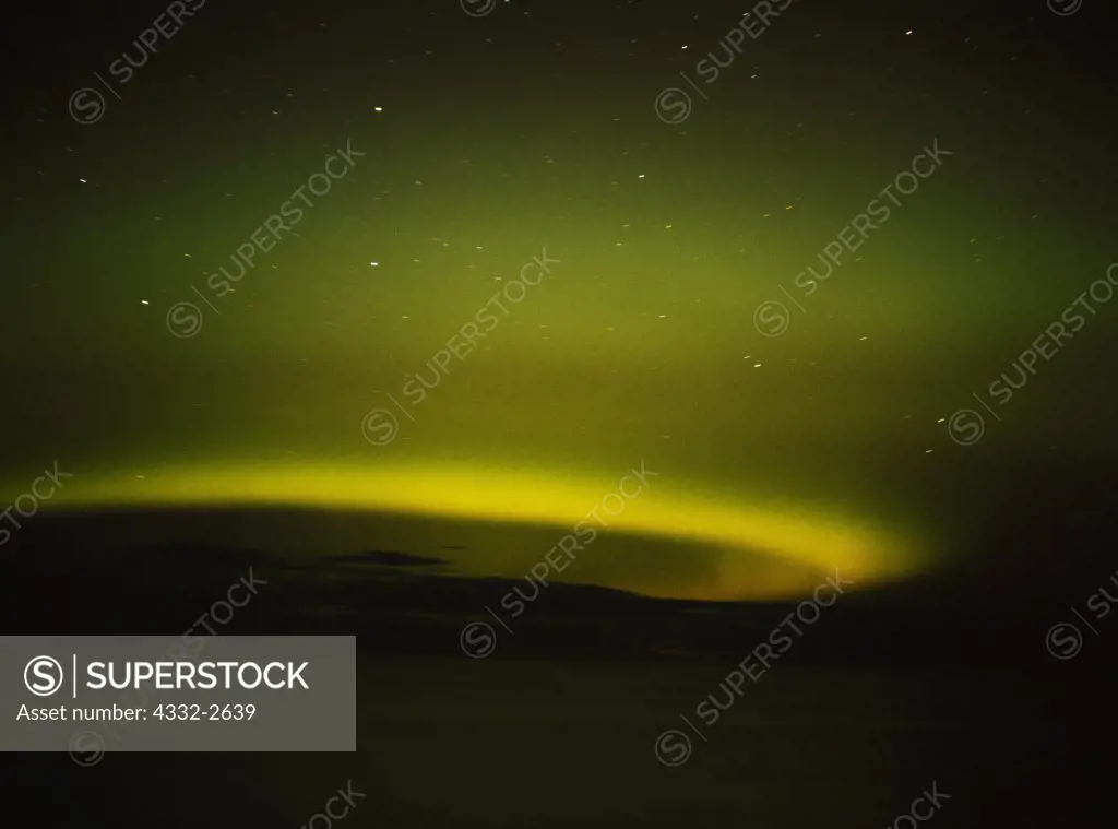 Arc of Aurora Borealis or Northern Lights over Union Bay of Lake Superior, Porcupine Mountains Wilderness State Park, Upper Peninsula of Michigan.
