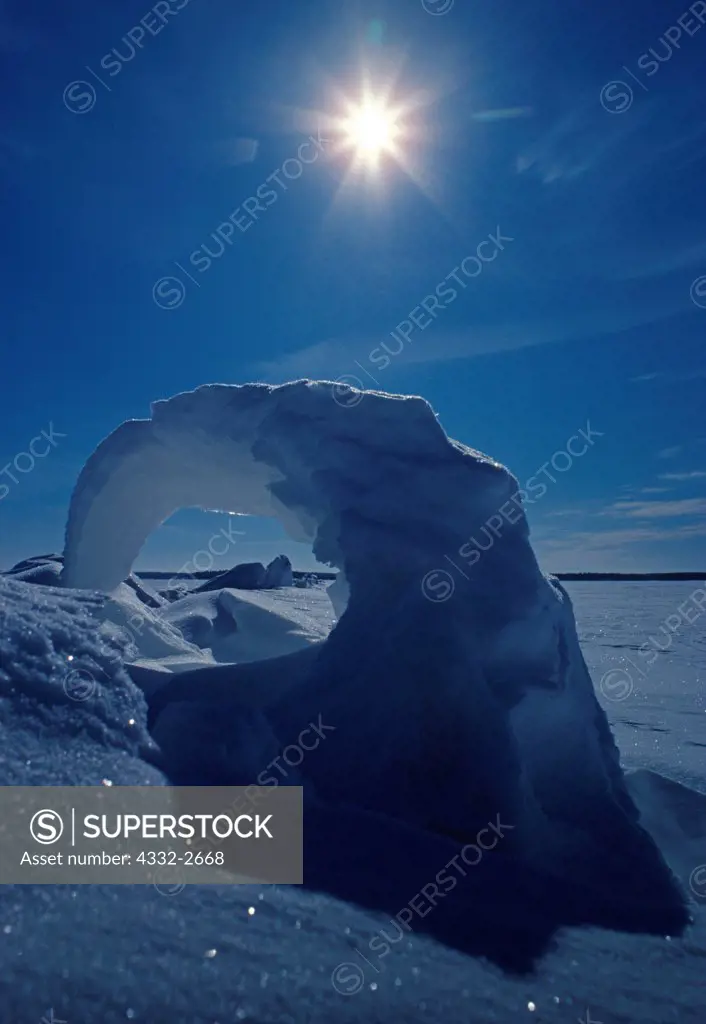 Curled ice formation on pressure ridge on frozen Rainy Lake, Voyageurs National Park, Minnesota.