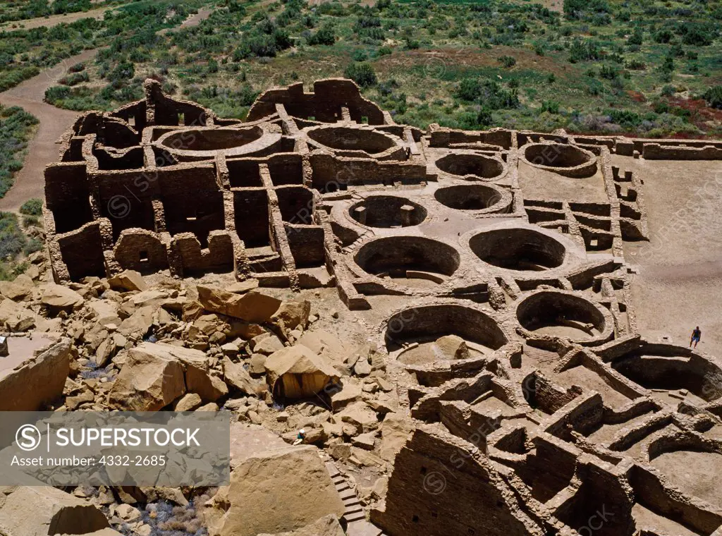 Pueblo Bonito, occupied from early 900s to about 1200 a.d., contained approximately 800 rooms and 37 kivas, Chaco Culture National Historical Park, New Mexico.