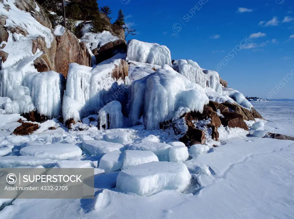 Winter view of Lake Superior Shoreline at Agawa Rocks, Lake Superior Provincial Park, Ontario, Canada.
