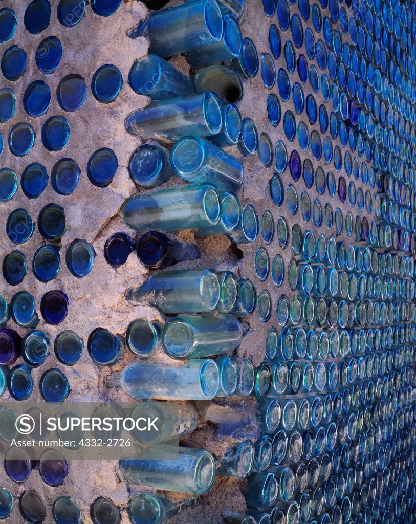 Walls of the Bottle House built in 1906 by miner Tom Kelly using some 50,000 beer and liquor bottles, ghost town of Ryholite, Nevada.