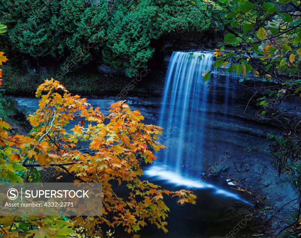 Bridal Veil Falls with autumn colors of sugar maple, Kagawong, Manitoulin Island, Lake Huron, Ontario, Canada.