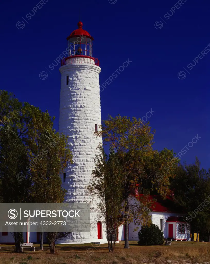'Imperial Tower' style Point Clark Lighthouse built of limestone blocks in 1859, shore of Lake Huron, Bruce County, Ontario, Canada.