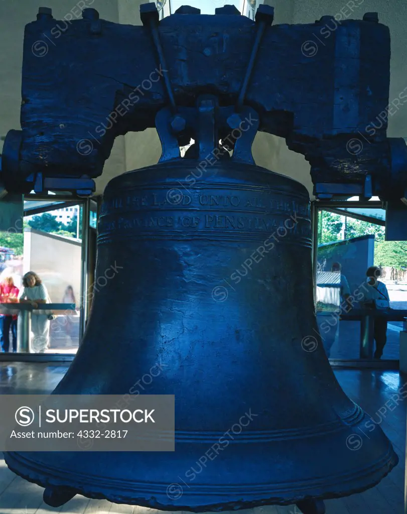 The Liberty Bell, an international symbol of freedom associated with the American Revolution, on display at Independence National Historical Park, Philadelphia, Pennsylvania.