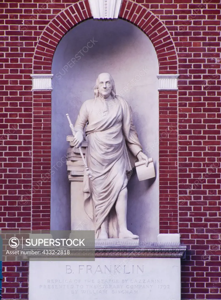 Statue of Benjamin Franklin above the entrance of Library Hall, originally constructed in 1789-1790, demolished in 1884 and rebuilt in 1959, Independence National Historical Park, Philadelphia, Pennsylvania.