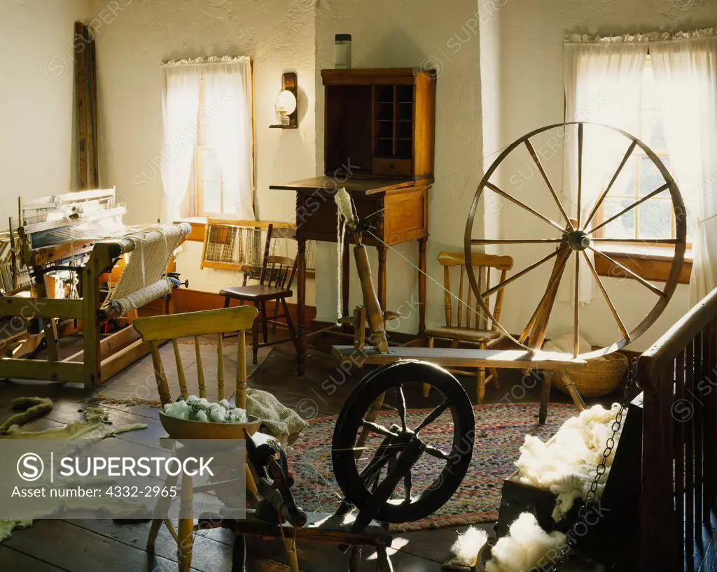 Spinning wheels and loom upstairs in Jacob Hamblin's Santa Clara Home, Mormon pioneer and missionary, Santa Clara, Utah.