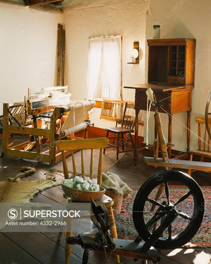 Spinning wheel and loom upstairs in Jacob Hamblin's Santa Clara Home, Mormon pioneer and missionary, Santa Clara, Utah.