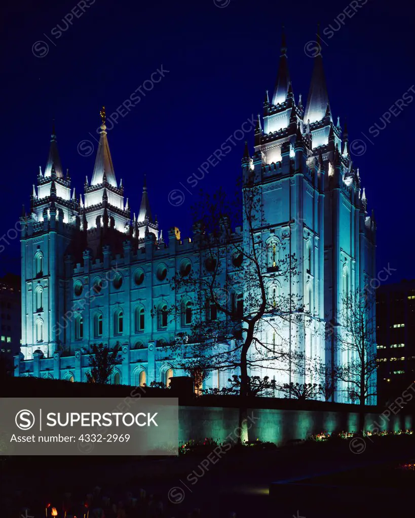 The Salt Lake Temple illuminated at dusk, Temple Square, The Church of Jesus Christ of Latter Day Saints, Salt Lake City, Utah.