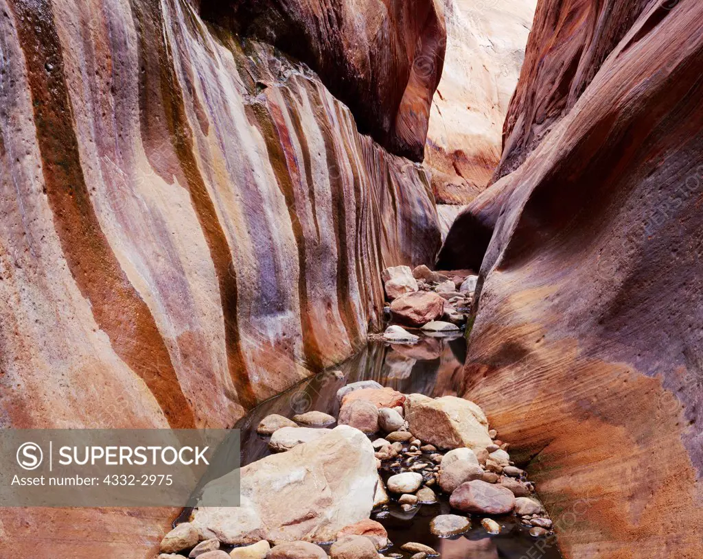 Boulder-strewn narrows of Wetherill Canyon with seeps along wall of Navajo Sandstone, Glen Canyon National Recreation Area and Navajo Reservation, Utah.