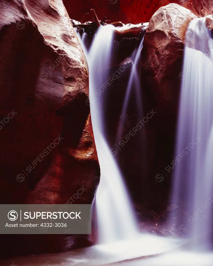 Kanarra Creek spilling over slickrock waterfall deep within a slot canyon in the Hurricane Cliffs near Kanarraville, Utah.
