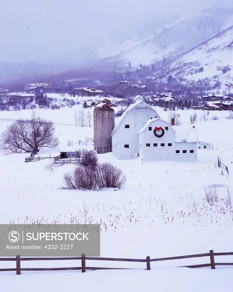 Winter view of McPolin Farm with barn built in 1908, Park City, Utah.