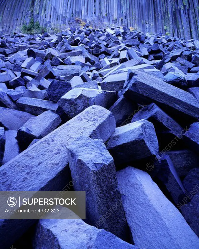 Jumbled pile of columnar basalt at the base of Devils Postpile, Devils Postpile National Monument, California.