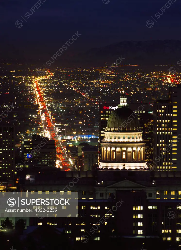 Evening view of Utah State Capitol Building with State Street stretching beyond, Salt Lake City, Utah.