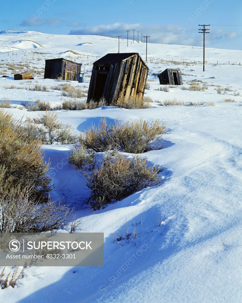 USA, California, Bodie Ghost Town, Titlting outhouses behind abandoned buildings at Bodie State Historical Park