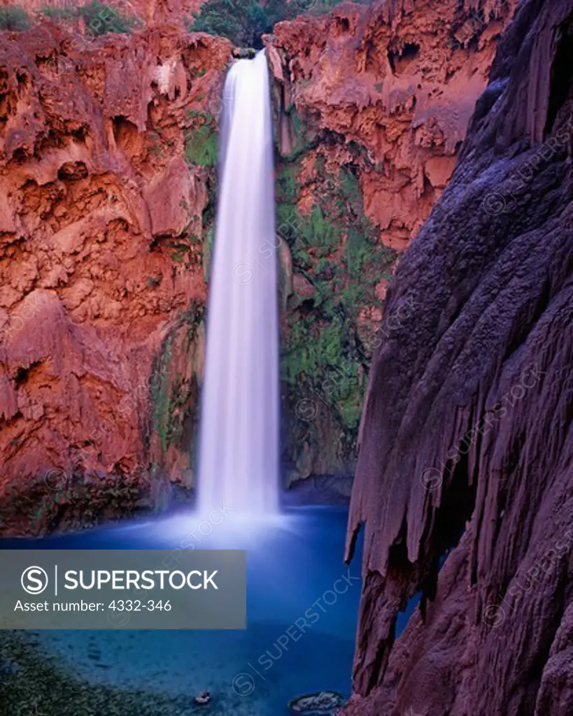 USA, Arizona, Havasupai Reservation, Grand Canyon, Havasu Canyon, Mooney Falls with surrounding travertine formations