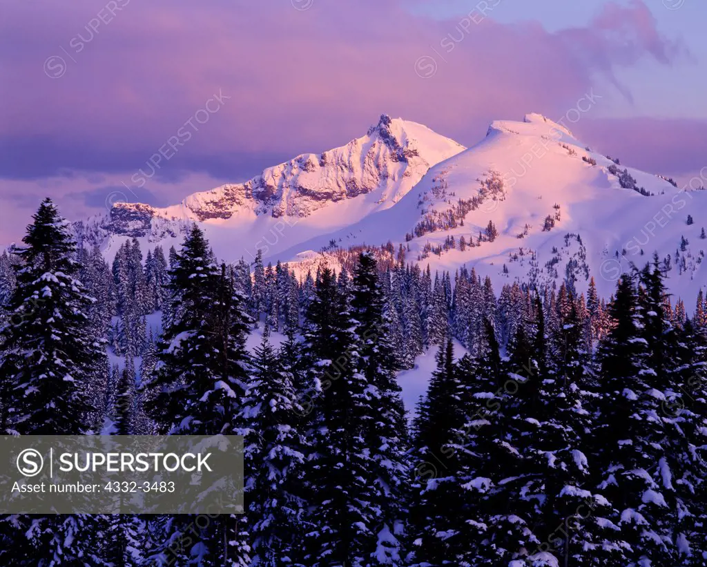 USA, Washington State, Mount Rainier National Park, Tatoosh Range, Sunset light illuminating Unicorn Peak