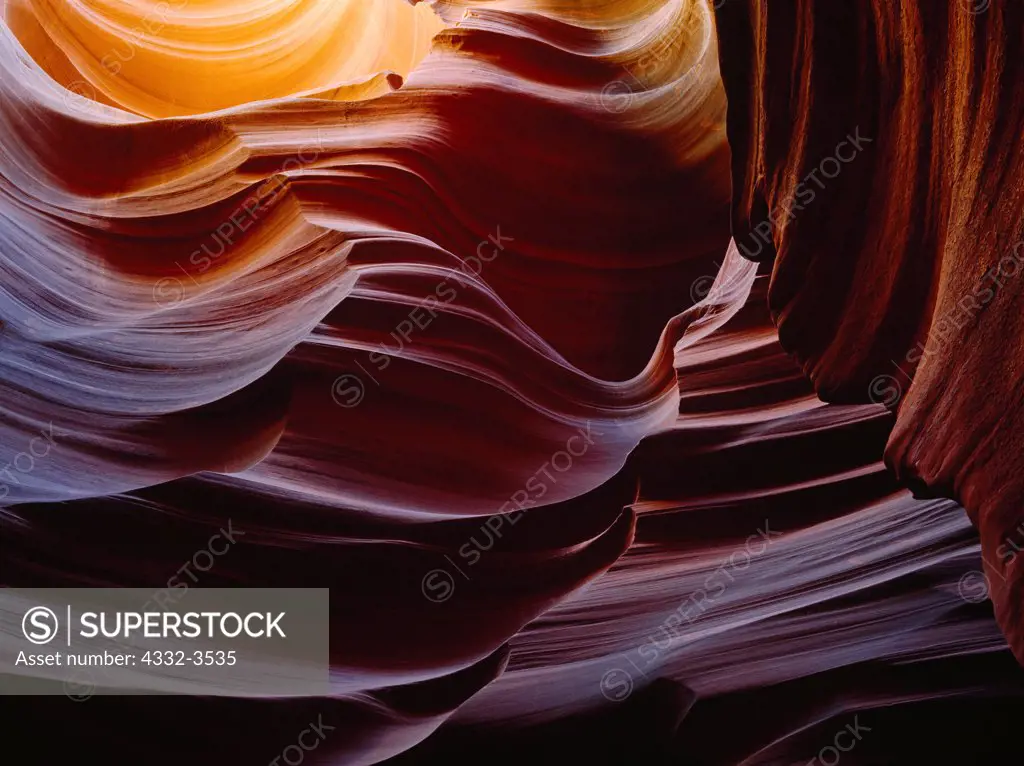 USA, Arizona, Colorado Plateau, Exquisite water sculpted chamber deep within slickrock slot canyon