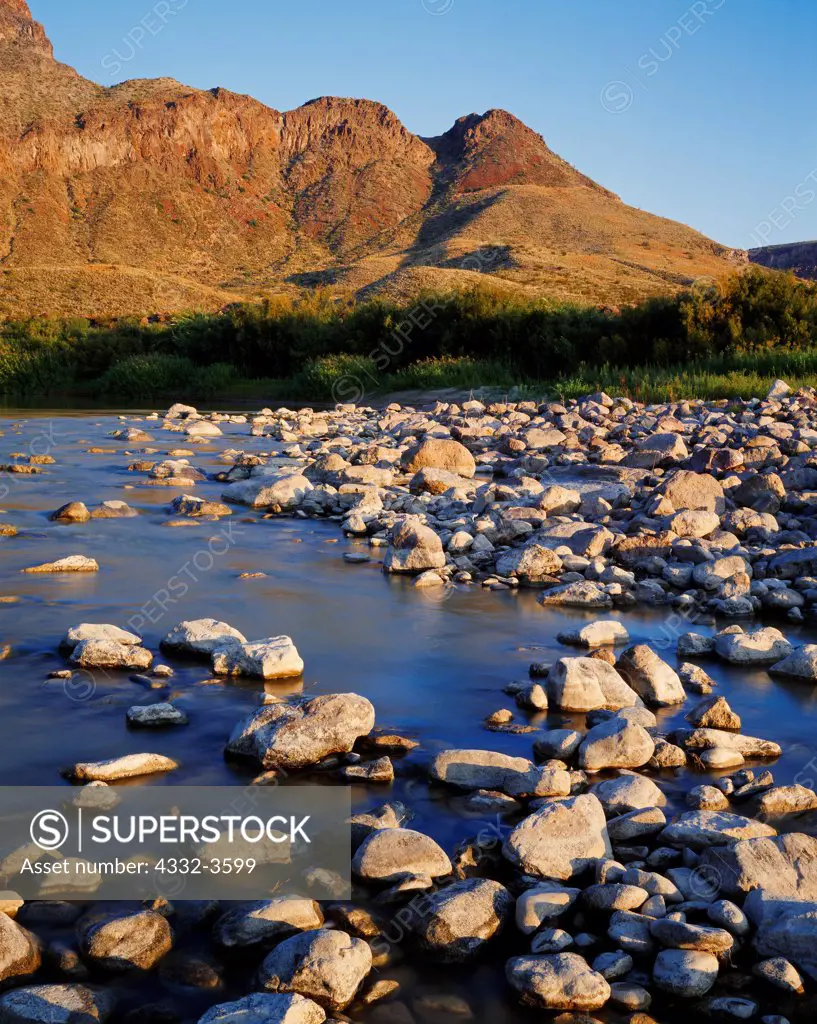 USA, Texas, Big Bend Ranch State Natural Area, Rocky shore on Rio Grande river, view from west of Lajitas