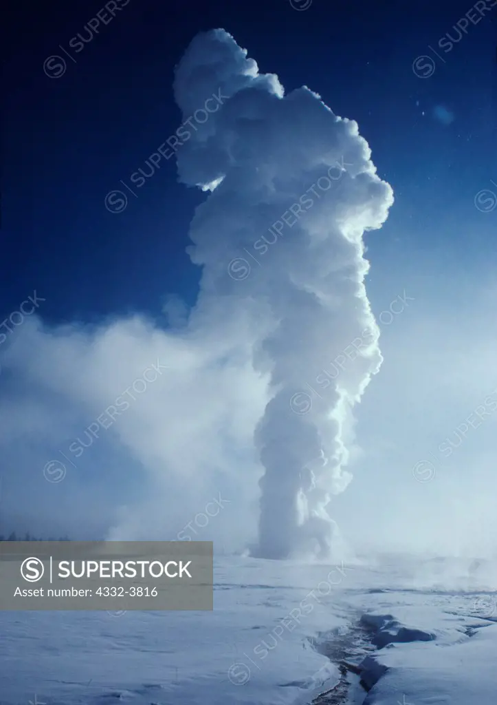 USA, Wyoming, Yellowstone National Park, Upper Geyser Basin, Old Faithful geyser erupting on -47 degree Fahrenheit February morning