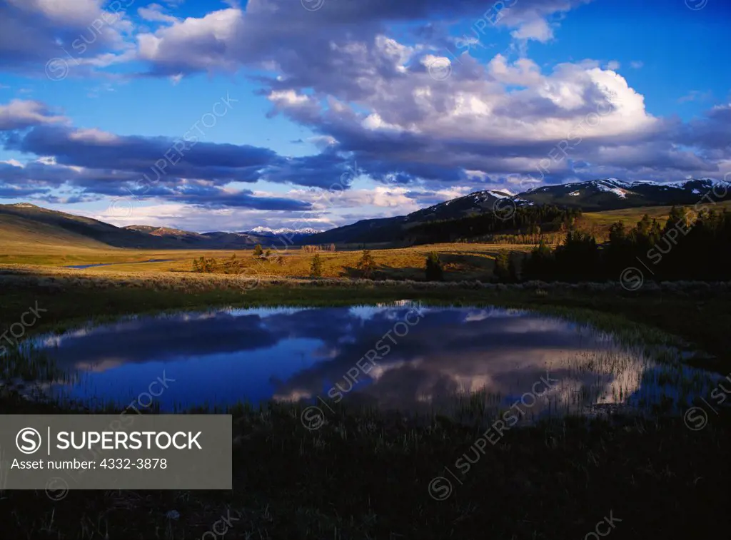 USA, Yellowstone National Park, Clouds reflected in Lamar Valley pond