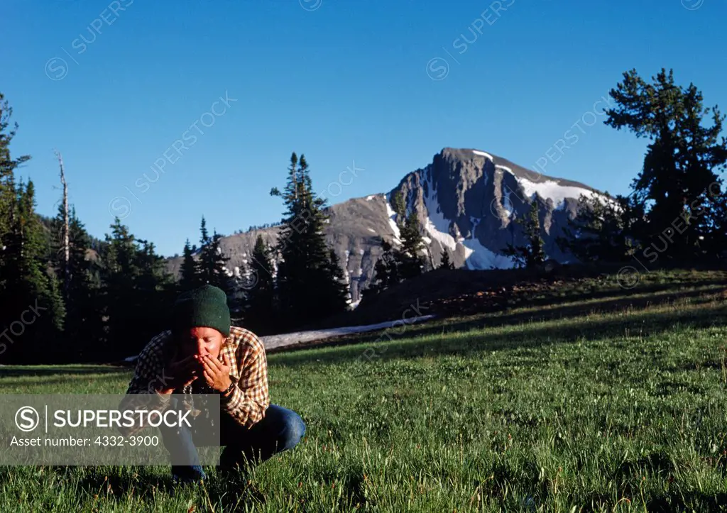 USA, Wyoming, Yellowstone National Park, Man drinking water from an alpine creek, Mount Doane of Absaroka Mountains in background