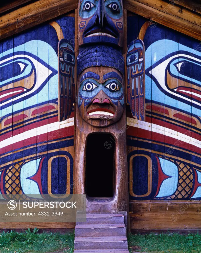 Tlingit Community or Clan House traditionally constructed by Native Civilian Conservation Corps carvers, Totem Bight State Historic Park, Ketchikan, Alaska.