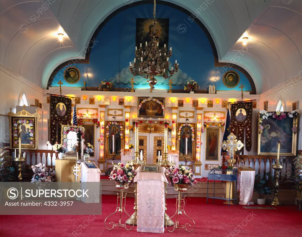Interior of the Russian Orthodox Church in the village of Saint George, Saint George Island, Pribilof Islands, Alaska.