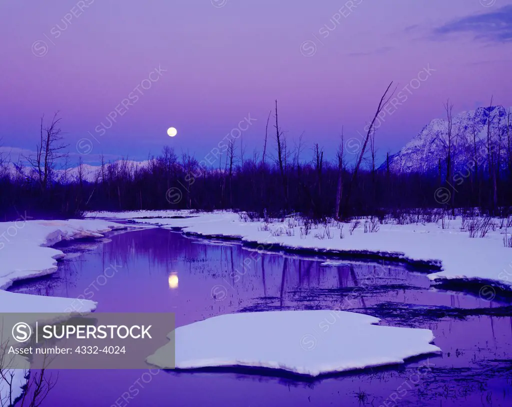 Full moon rising over Spring Creek at dusk, Matanuska Valley, Alaska.
