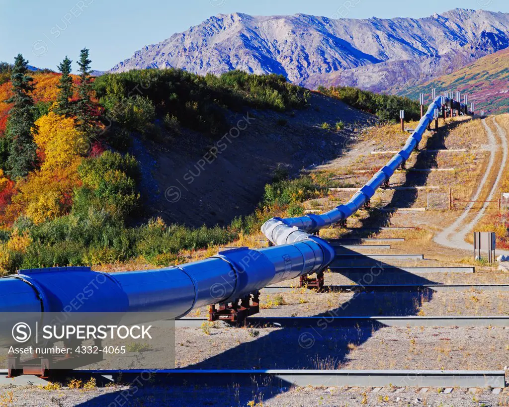 Trans Alaska Pipeline constructed with extra-long support beams and sliding shoes where the pipeline crosses the Denali Fault, Alaska Range, Alaska.