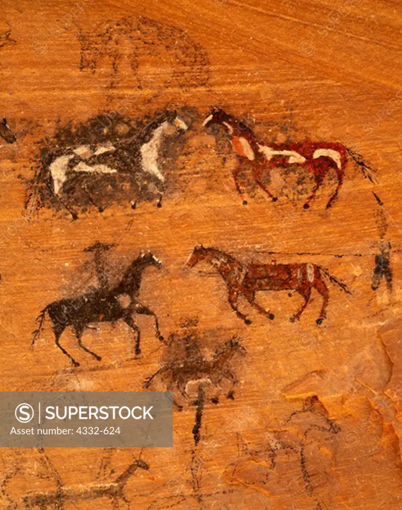 Nineteenth century Navajo pictographs of horses and riders with other animals done in charcoal and paint, shallow cave in Canyon del Muerto, Canyon de Chelly National Monument, Arizona.