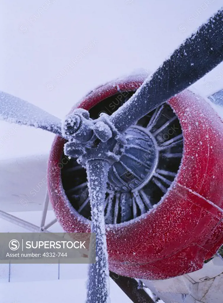 Rime ice on prop and radial engine of former Ball Brothers' Pilgrim, now being restored at the Alaska Aviation Heritage Museum, Anchorage, Alaska.