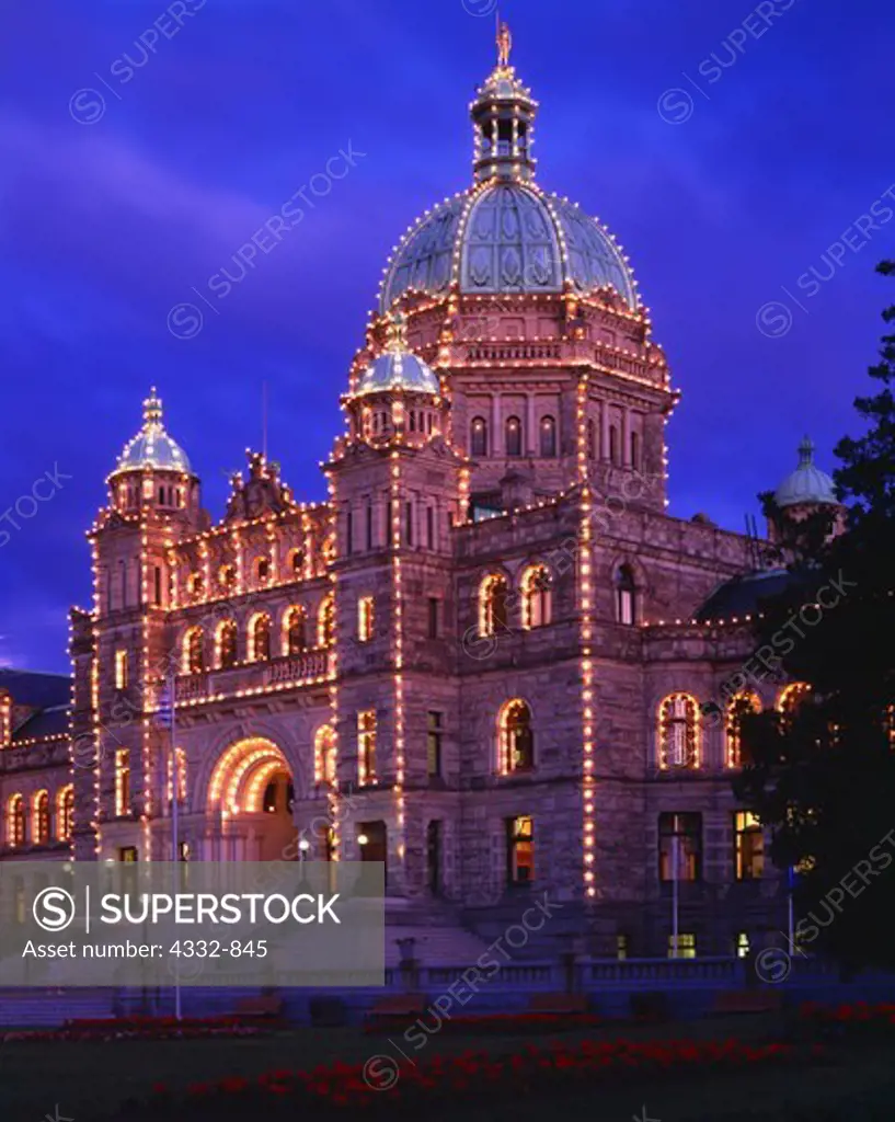 Evening view of Parliament Buildings constructed in 1898, Victoria, British Columbia, Canada.
