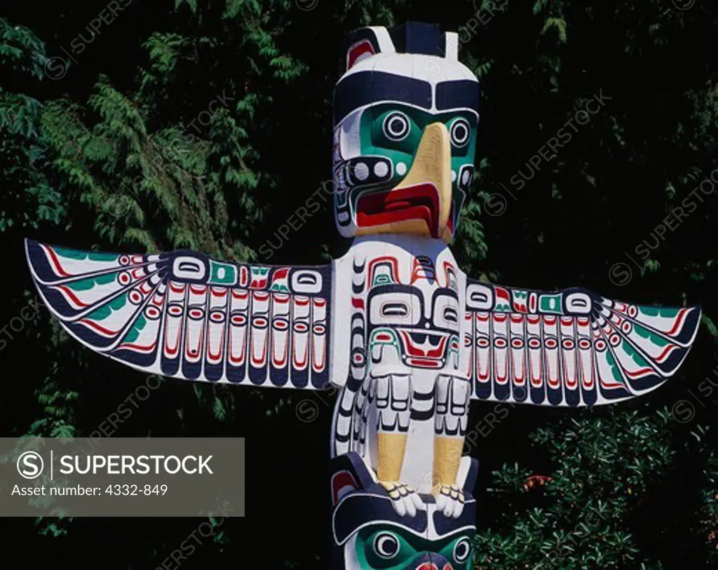 Thunderbird House Post, a replica carved in 1987 by Tony Hunt of the house post created by Kwakwaka'wakw artist Charlie James in the early 1900s.  On display at Stanley Park, Vancouver, British Columbia, Canada.
