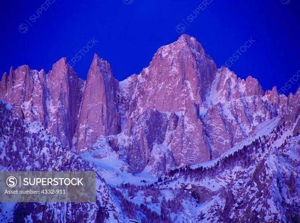 Alpenglow illuminating 14,494 foot Mount Whitney, highest peak in the contiguous 48 states, view from Whitney Portal, Inyo National Forest, California.