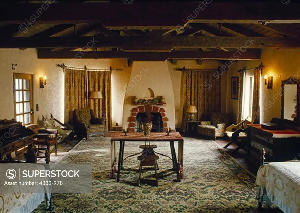 Large wool rug, hand woven on island of Majorca off the coast of Spain, in the Italian Bedroom, Scotty's Castle, Death Valley Ranch, Death Valley National Park, California.