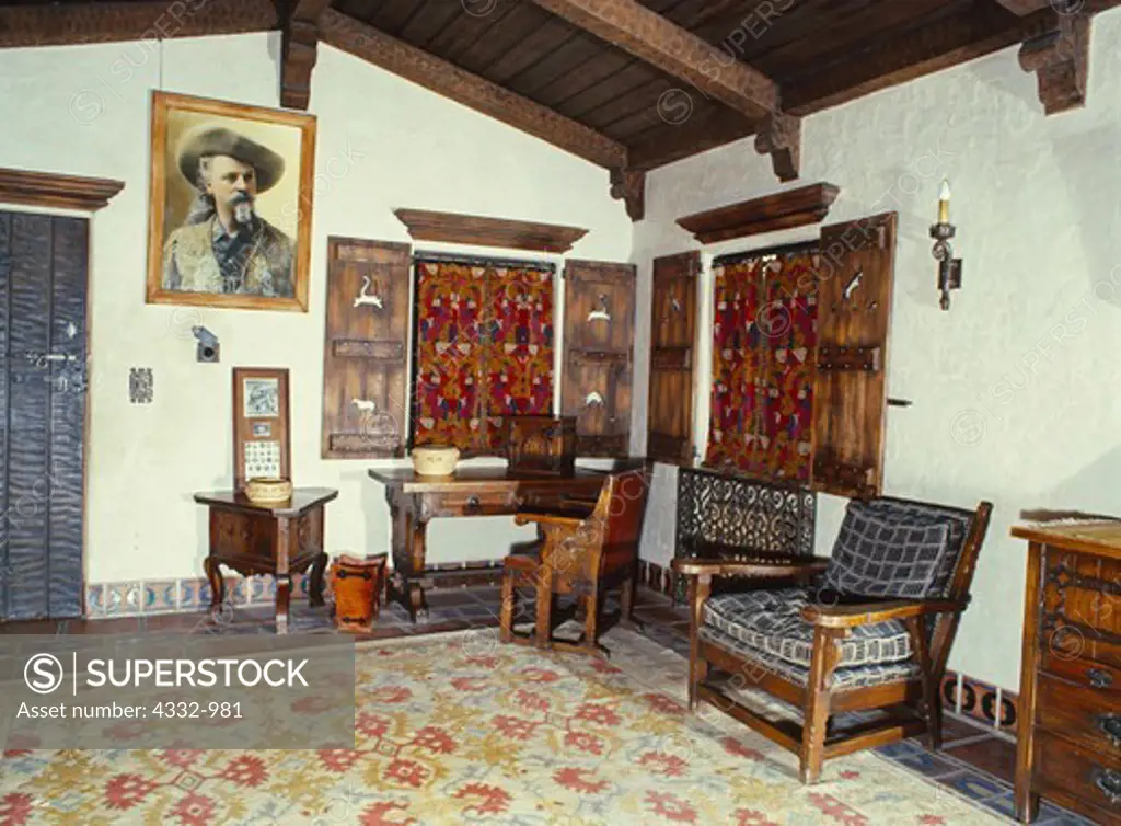 Northwest corner of Scotty's Bedroom with portrait of Buffalo Bill Cody, Scotty's Castle, Death Valley Ranch, Death Valley National Park, California.