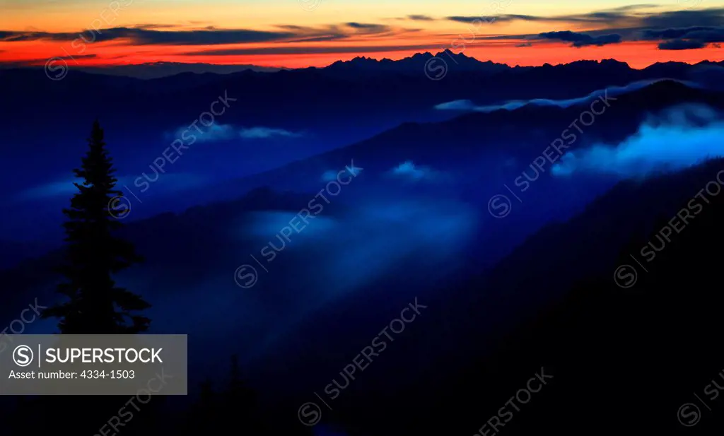 Sunset over Twin Sisters Mountain from Sauk Mountain summit, Mt Baker-Snoqualmie National Forest, Washington State, USA