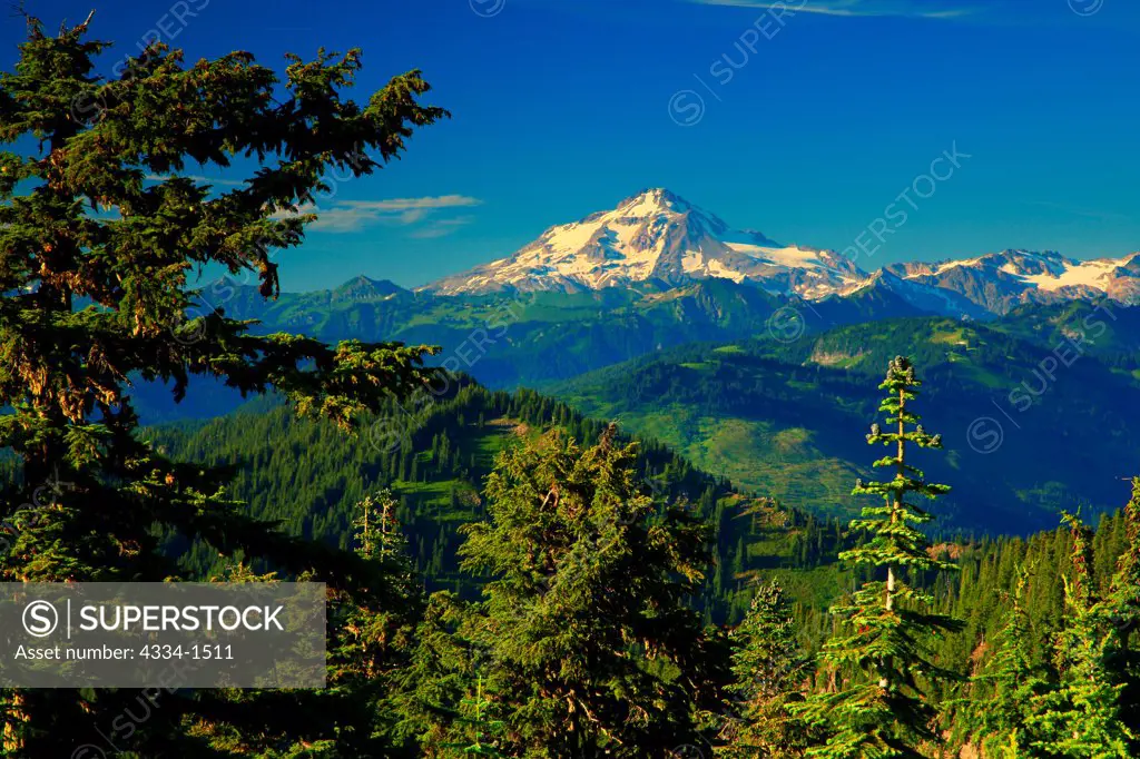 Glacier Peak from Evergreen Mountain lookout in the Wild Sky Wilderness, Mt Baker-Snoqualmie National Forest, Washington State, USA