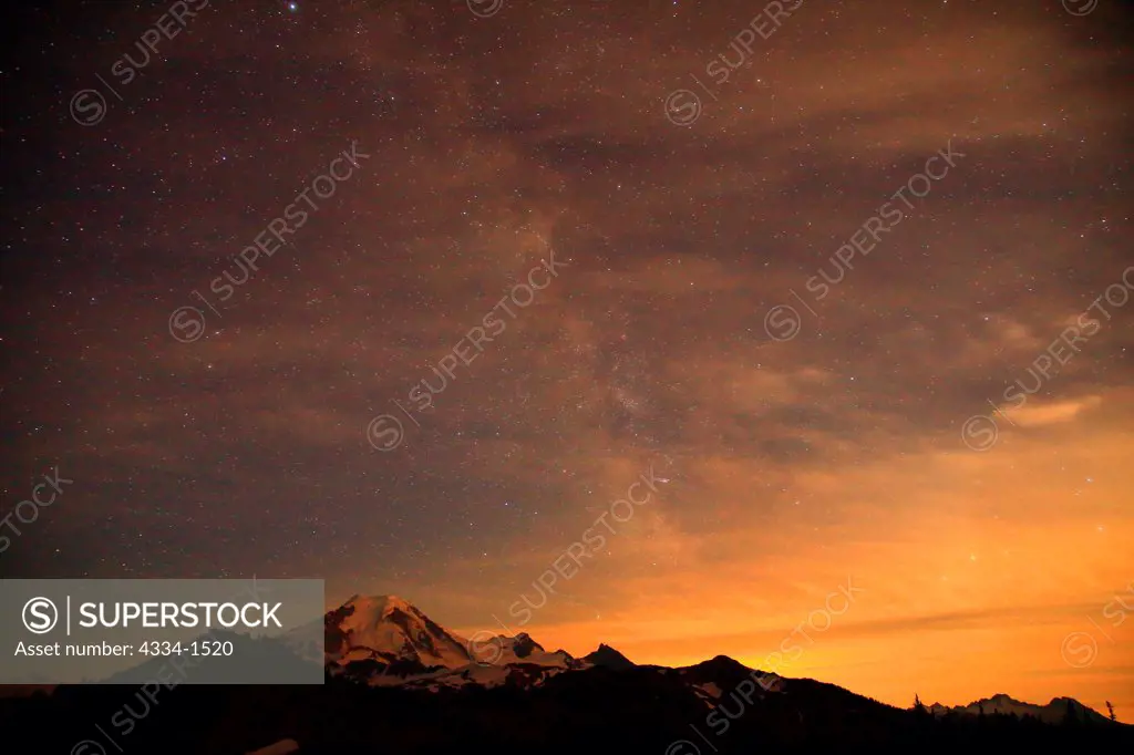 Stars and Milky Way over Mt Baker from Skyline Divide, Mt Baker Wilderness, Mt Baker-Snoqualmie National Forest, Washington State, USA
