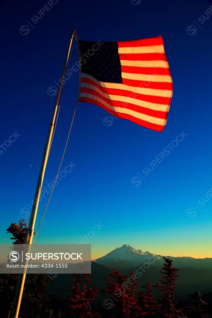 American flag with mountain in the background, Mt Baker, Mt Baker Wilderness, Washington State, USA