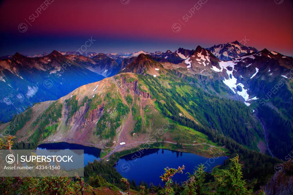 Sunset Alpenglow over Twin Lakes and Mt Shuksan viewed from Winchester Mountain Lookout, Mt Baker Wilderness, Washington State, USA
