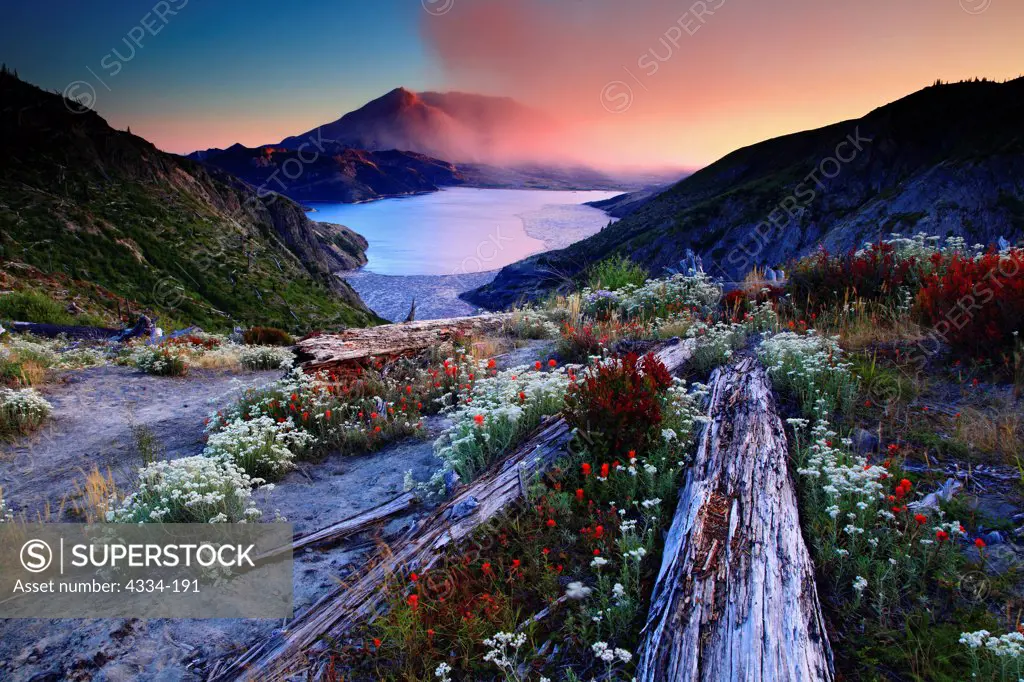 Sunset over Mount St. Helens and Spirit Lake, from Norway Pass, Mount St. Helens National Volcanic Monument, Washington.