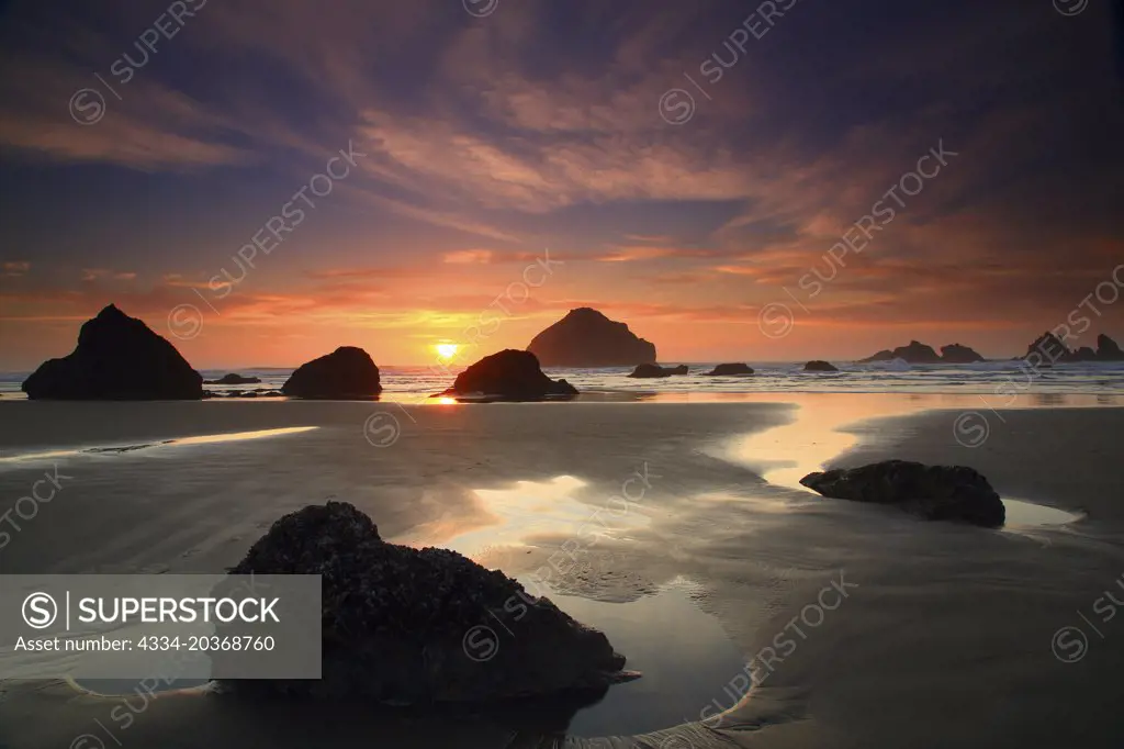 Sunset and Sea Stacks From Face Rock Beach along the Oregon Coast in Bandon Oregon